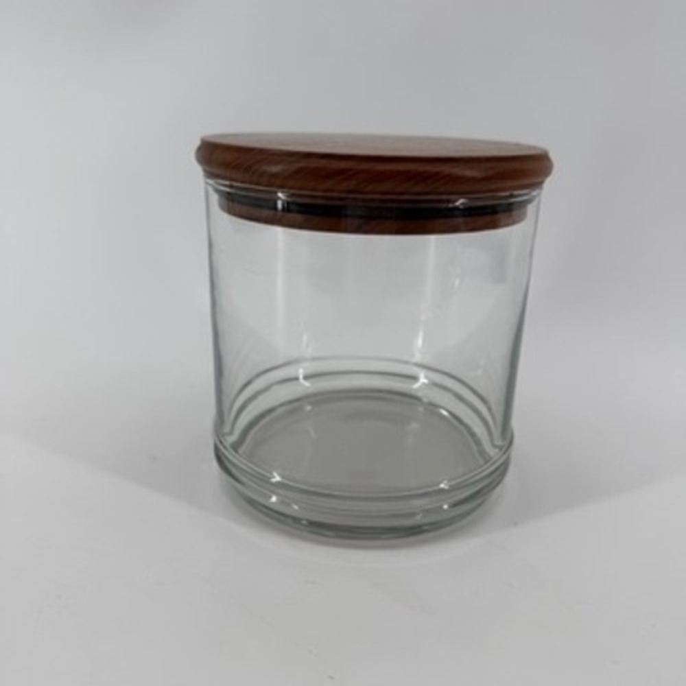 Clear Glass Storage Canister with Wood Lid Airtight Seal Jar 5.25in